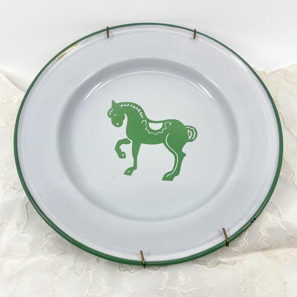 Vintage Swedish Horse Enamel Metal Childs Children Plate Hanger Nursery Wall Art